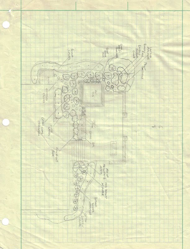 Hand-drawn landscape design sketch on green graph paper.