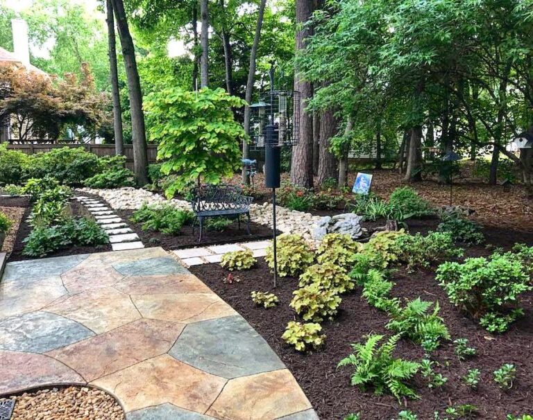 Shade garden with a stamped concrete path and layered plantings under tall trees.