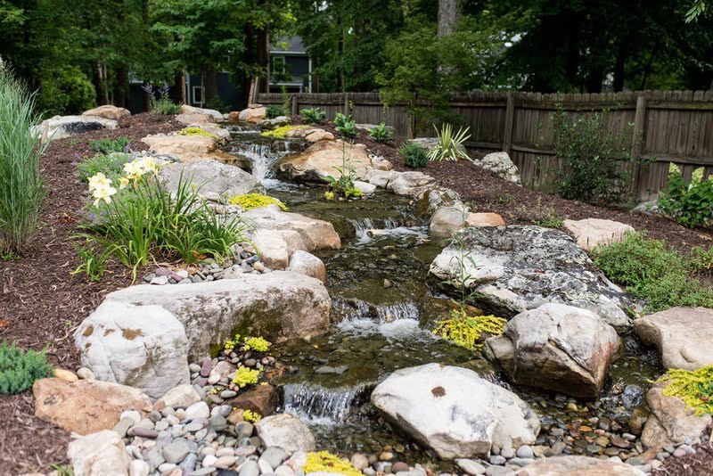 Backyard waterfall with large stream