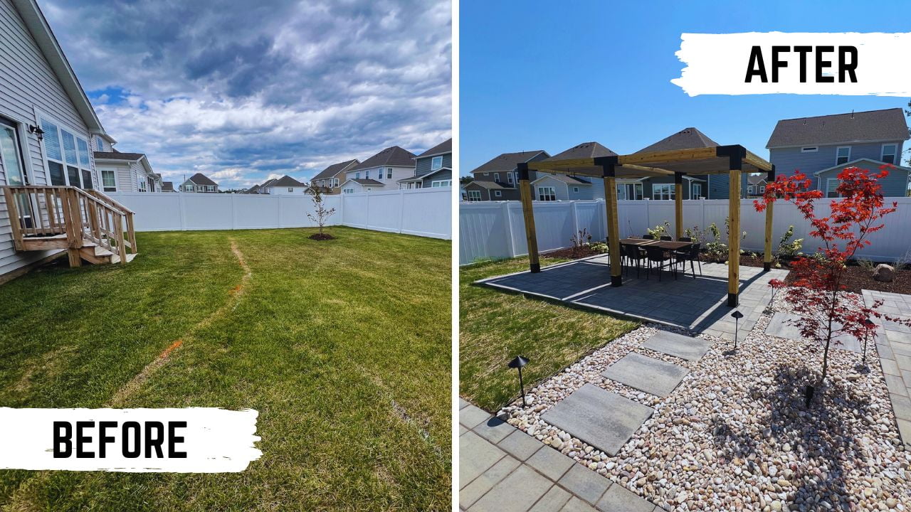 Before and after of a bare lawn turned into a paver patio with pergola in Glen Allen, VA