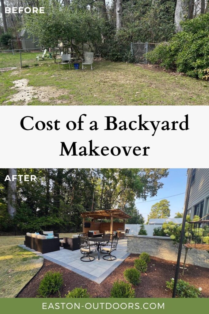 Cost of a Backyard Makeover graphic with before and after backyard photos in Newport News, VA