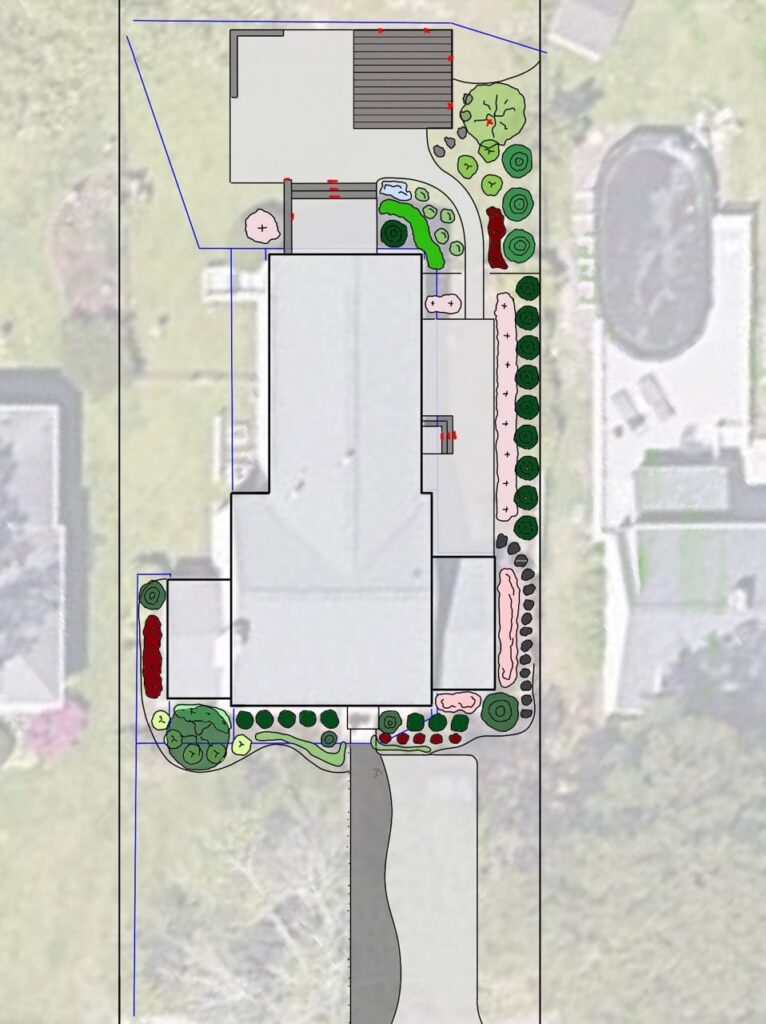 Landscape design site plan showing house, walkways and planting beds in Newport News, VA
