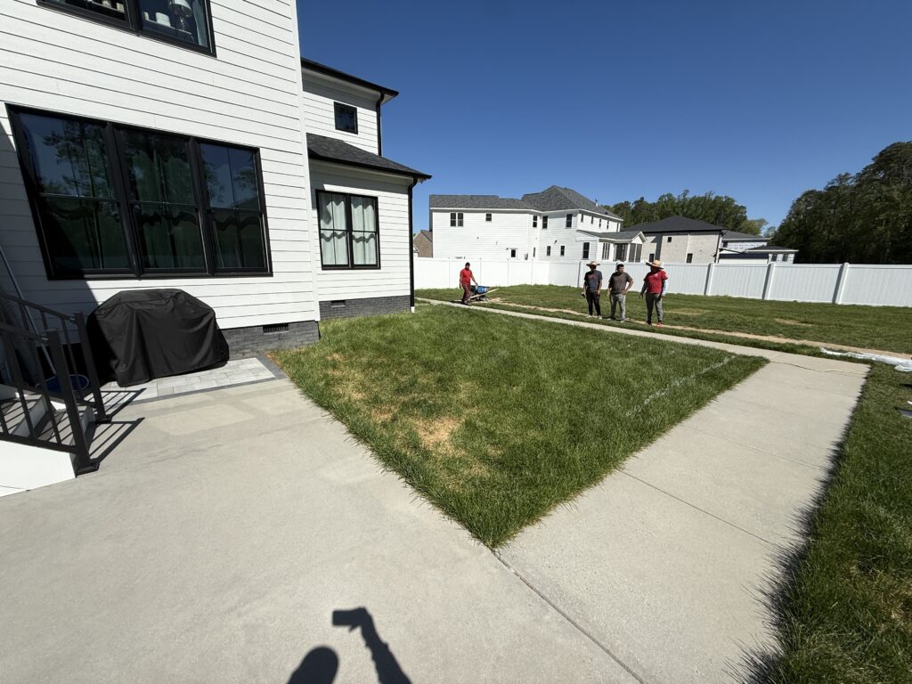 Before: concrete walkway and lawn beside a modern white home