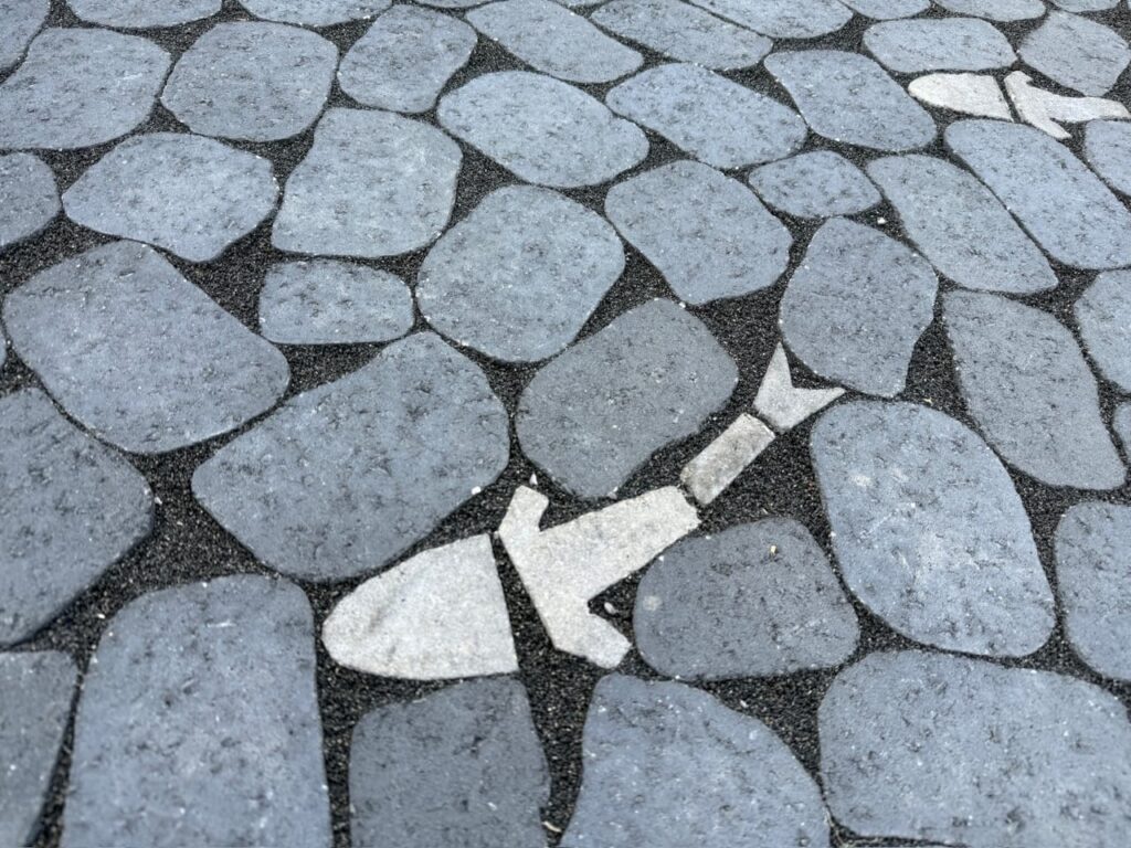 Close-up of a custom fish-shaped paver inlaid in a stone-look patio in Poquoson, VA