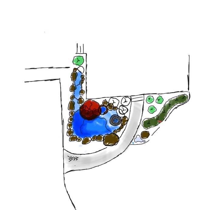 Hand-drawn design sketch of a pond water feature and walkway in Poquoson, VA