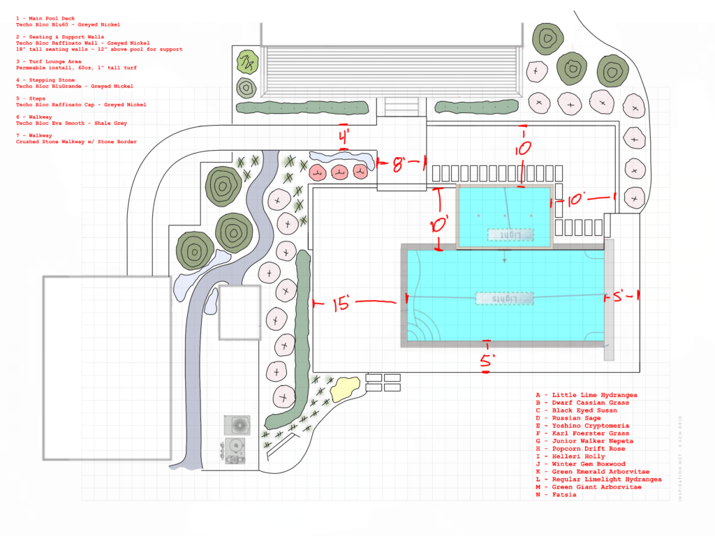 Landscape design plan for a rectangular pool, patio and plantings in White Stone, VA
